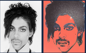 Images of the Goldsmith photograph and the Orange Prince silkscreen portrait